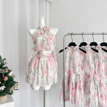 A line Halter Rose Flower Sleeveless Floral Pink Dress Short Holiday Dresses SD279